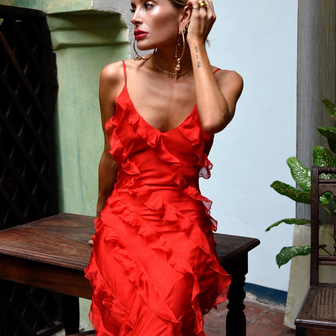 Red Lace Gown | Elegant | Floral Appliqué & Sheer Overlay