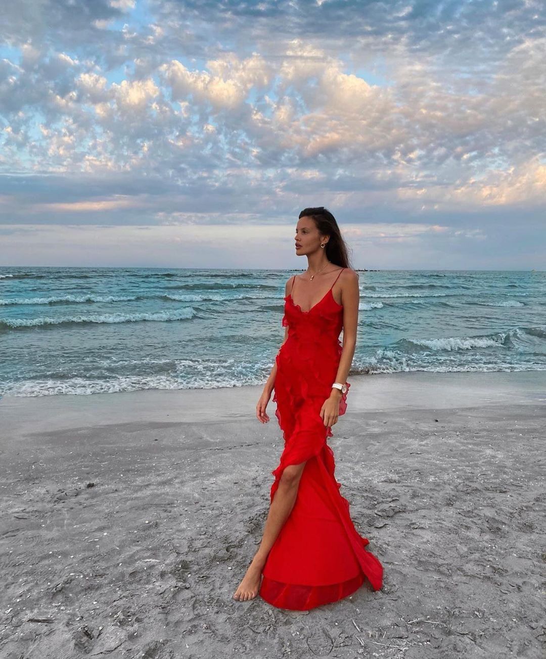 Red Lace Gown | Elegant | Floral Appliqué & Sheer Overlay