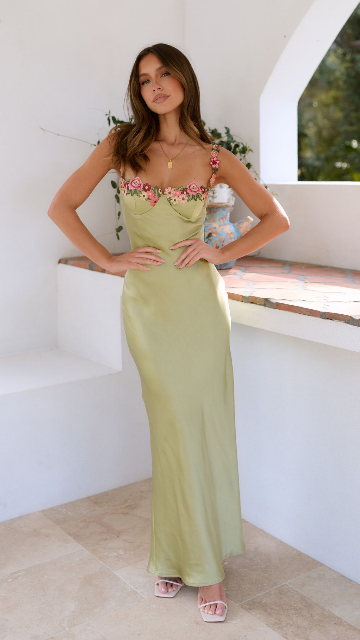 Sage Green Off-Shoulder Gown | Elegant | Floral Embroidered Bust