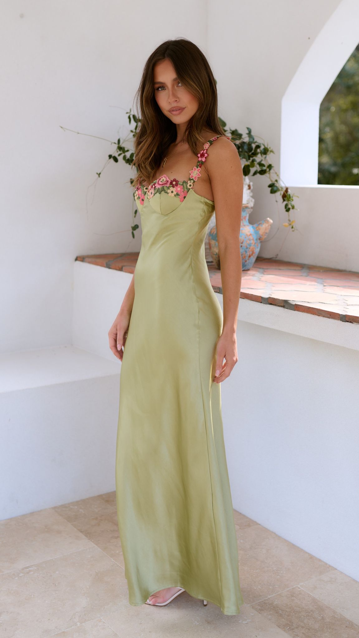 Sage Green Off-Shoulder Gown | Elegant | Floral Embroidered Bust