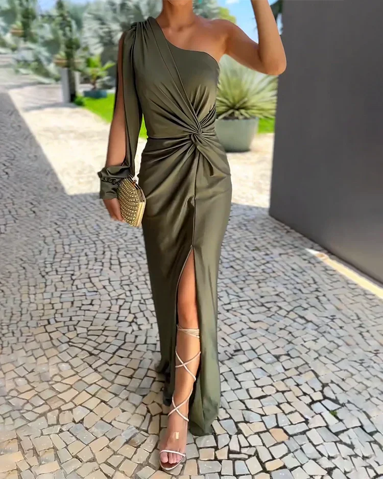 One-Shoulder Midi Dress | Elegant | Twisted Waist & Slit Detail