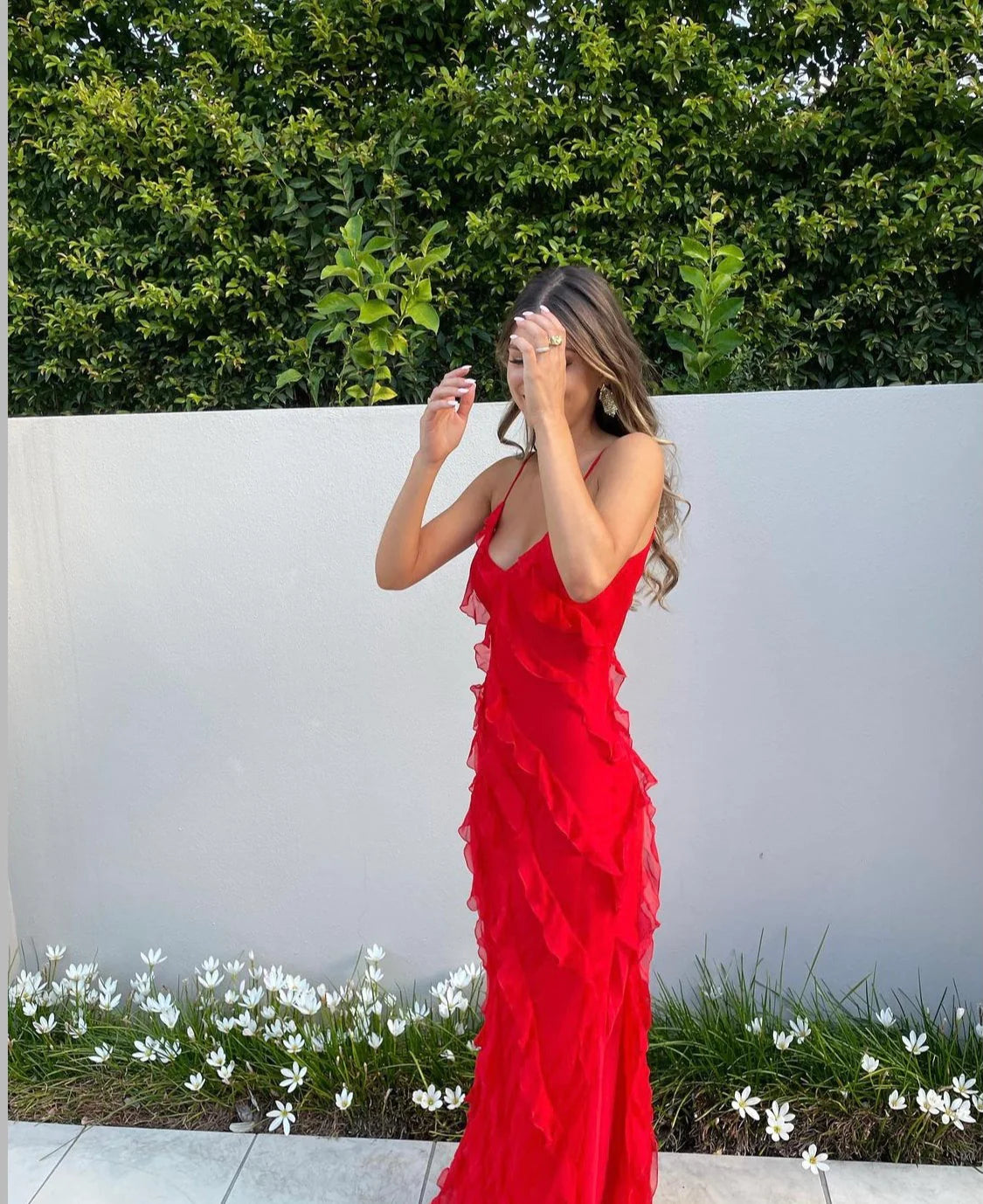 Red Lace Gown | Elegant | Floral Appliqué & Sheer Overlay