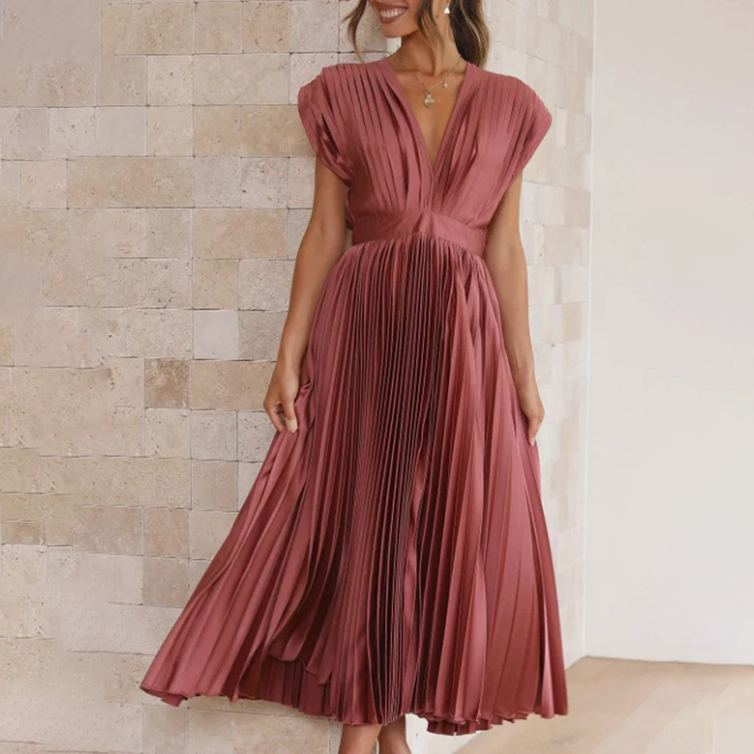 Pleated Midi Dress | Satin Blend | Elegant & Flowy