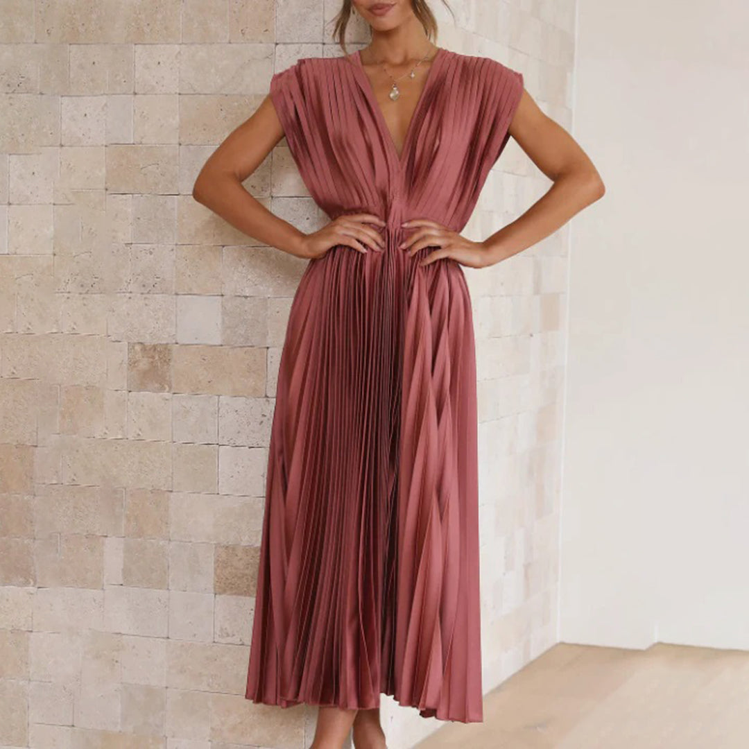 Pleated Midi Dress | Satin Blend | Elegant & Flowy