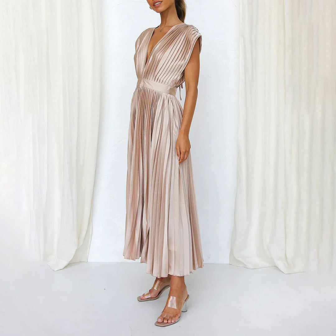 Pleated Midi Dress | Satin Blend | Elegant & Flowy