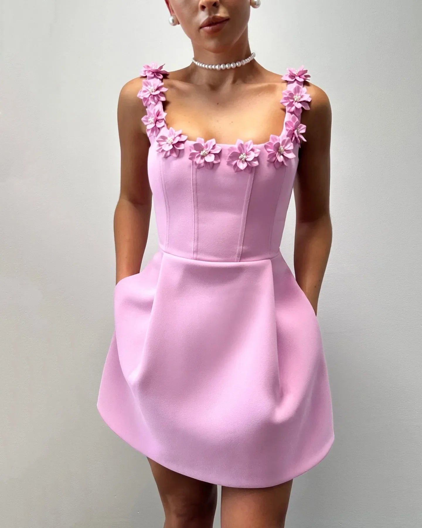 Pink Floral Mini Dress | Elegant | 3D Embellished Neckline