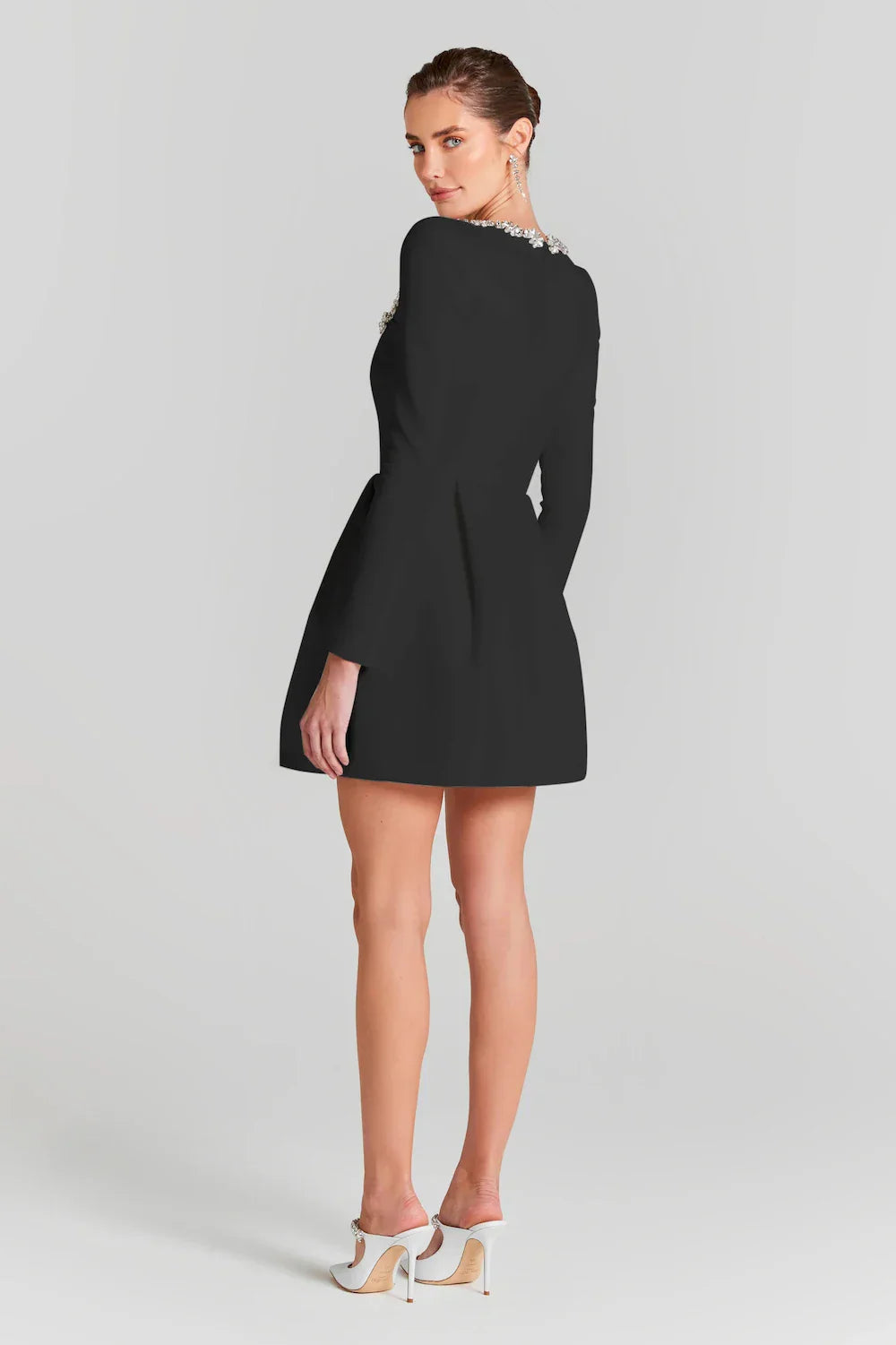 Embellished Square-Neck Mini Dress | Long Sleeves | Elegant & Timeless