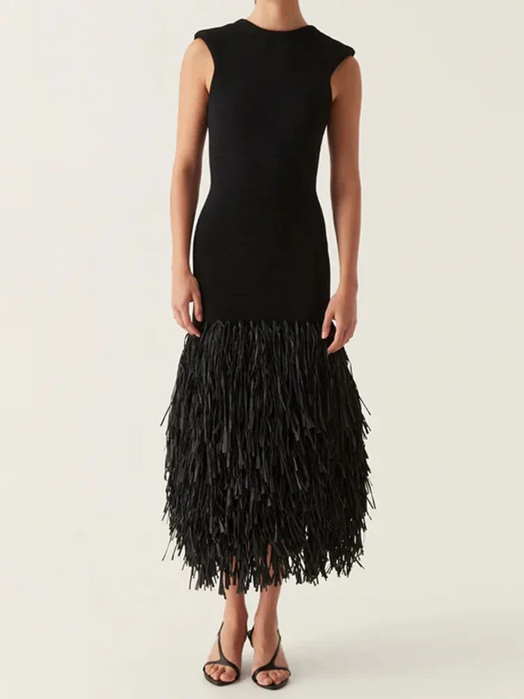 Feather-Trim Midi Dress | Sleek & Glamorous | Perfect for Special Occasions