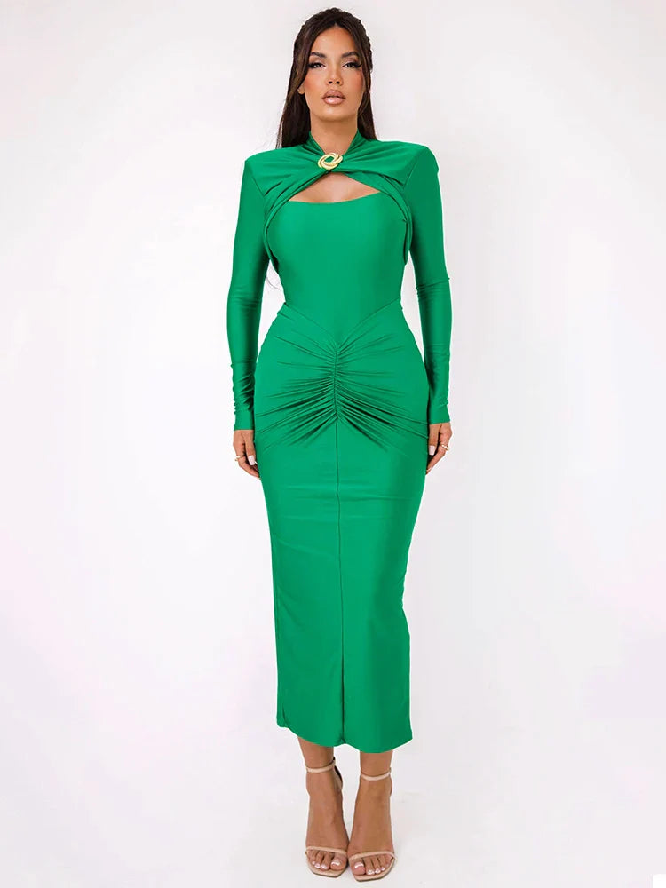 Cut-Out Midi Dress | Elegant | Long Sleeve & Ruched Fit