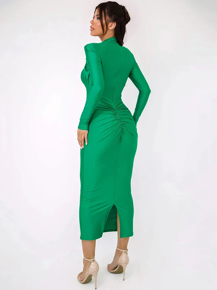 Cut-Out Midi Dress | Elegant | Long Sleeve & Ruched Fit