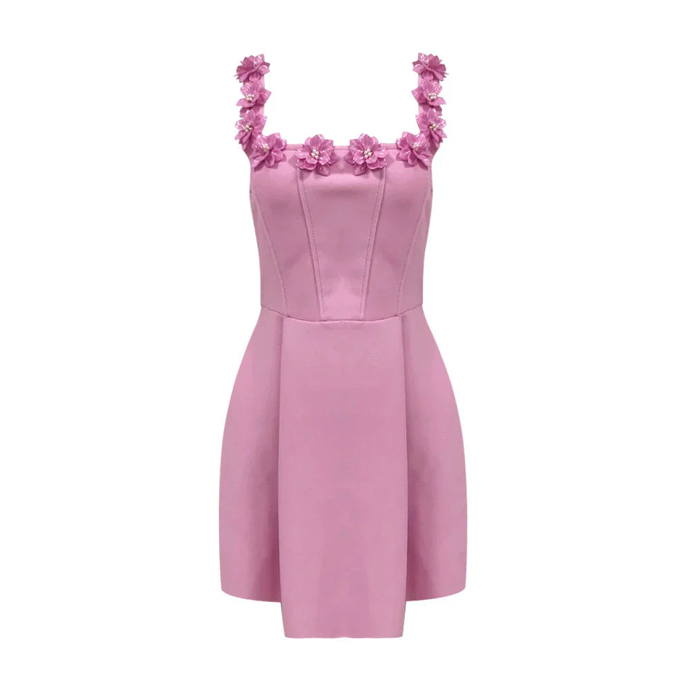 Pink Floral Mini Dress | Elegant | 3D Embellished Neckline