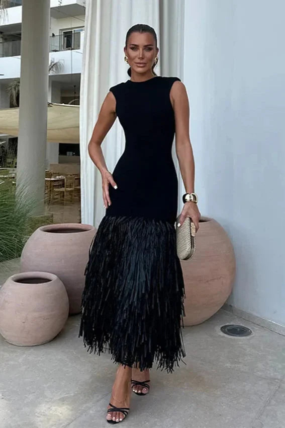 Feather-Trim Midi Dress | Sleek & Glamorous | Perfect for Special Occasions