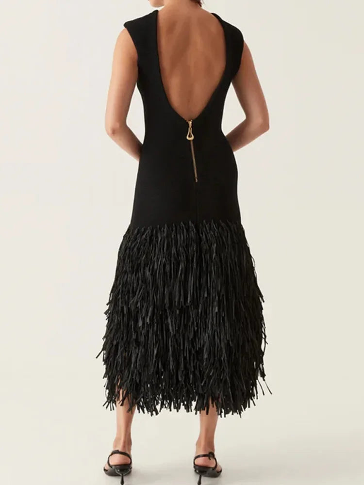 Feather-Trim Midi Dress | Sleek & Glamorous | Perfect for Special Occasions