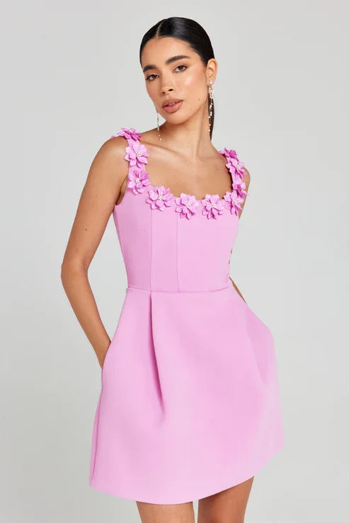 Pink Floral Mini Dress | Elegant | 3D Embellished Neckline