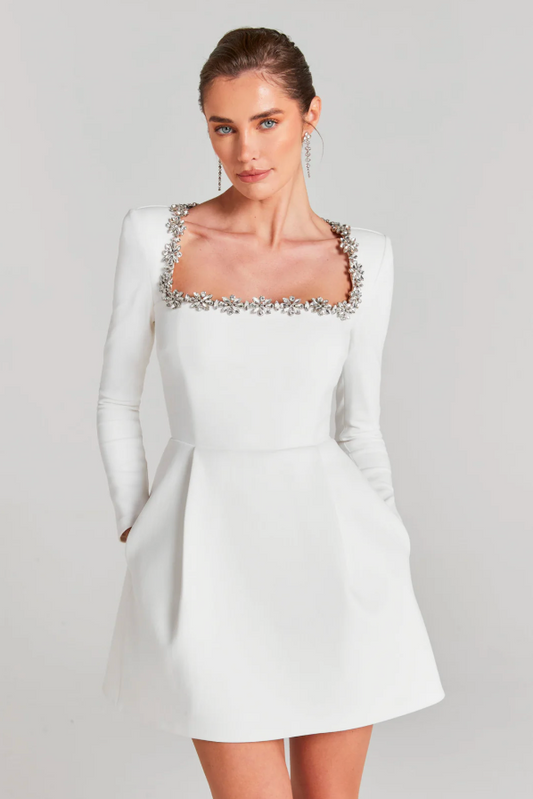 Embellished Square-Neck Mini Dress | Long Sleeves | Elegant & Timeless