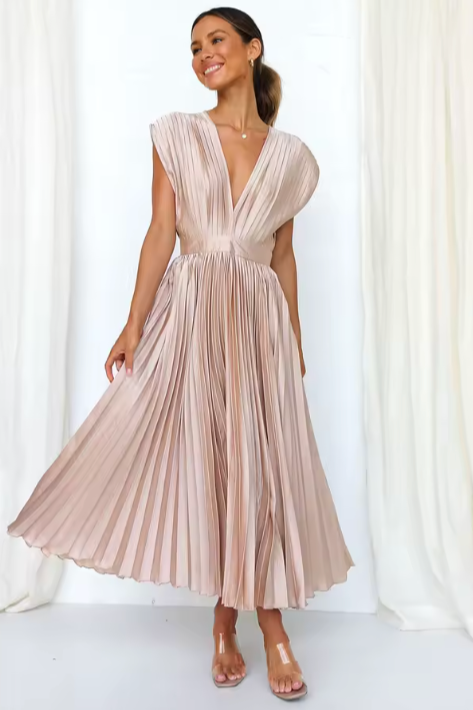 Pleated Midi Dress | Satin Blend | Elegant & Flowy