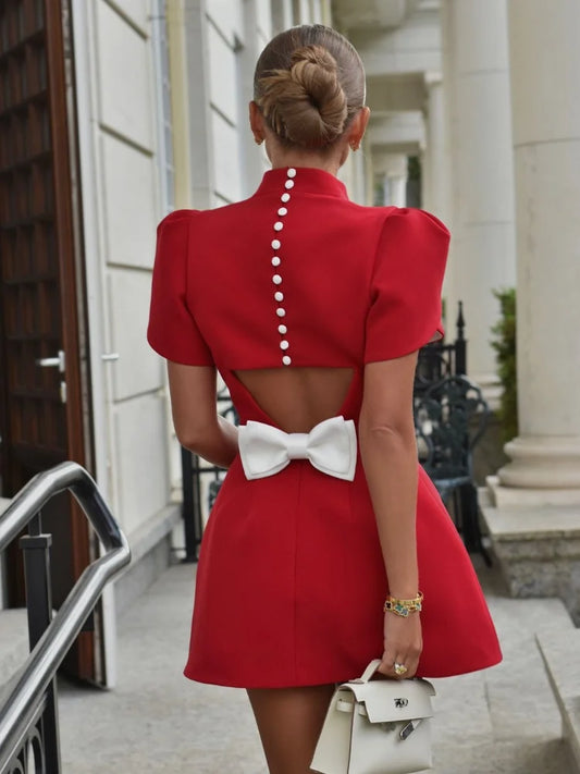 Open-Back Mini Dress | Puff Sleeves | Elegant & Chic