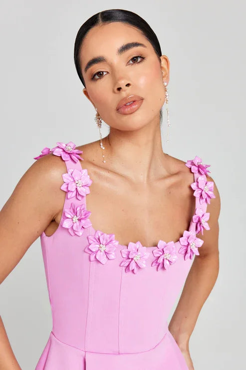 Pink Floral Mini Dress | Elegant | 3D Embellished Neckline