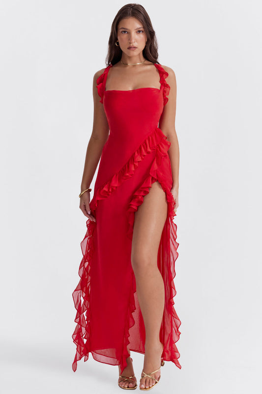 Ruffled Thigh-Slit Gown | Elegant & Bold | Perfect for Special Occasions