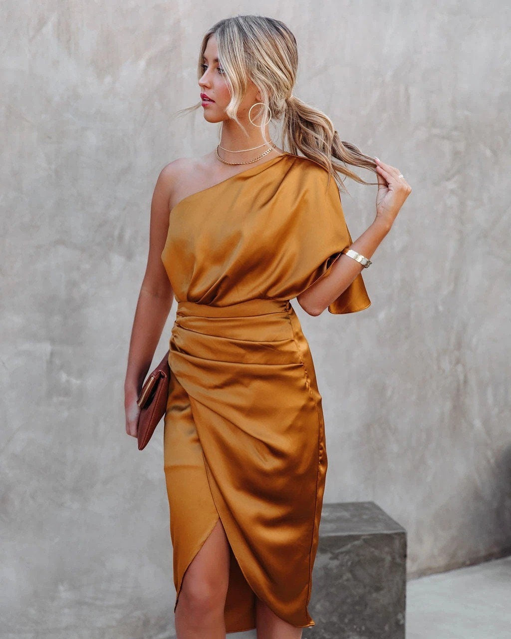 One-Shoulder Satin Midi Dress | Elegant & Chic | Party Ready