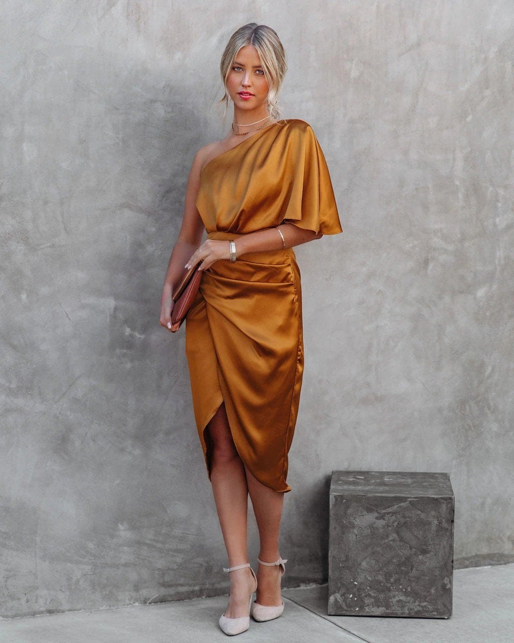 One-Shoulder Satin Midi Dress | Elegant & Chic | Party Ready