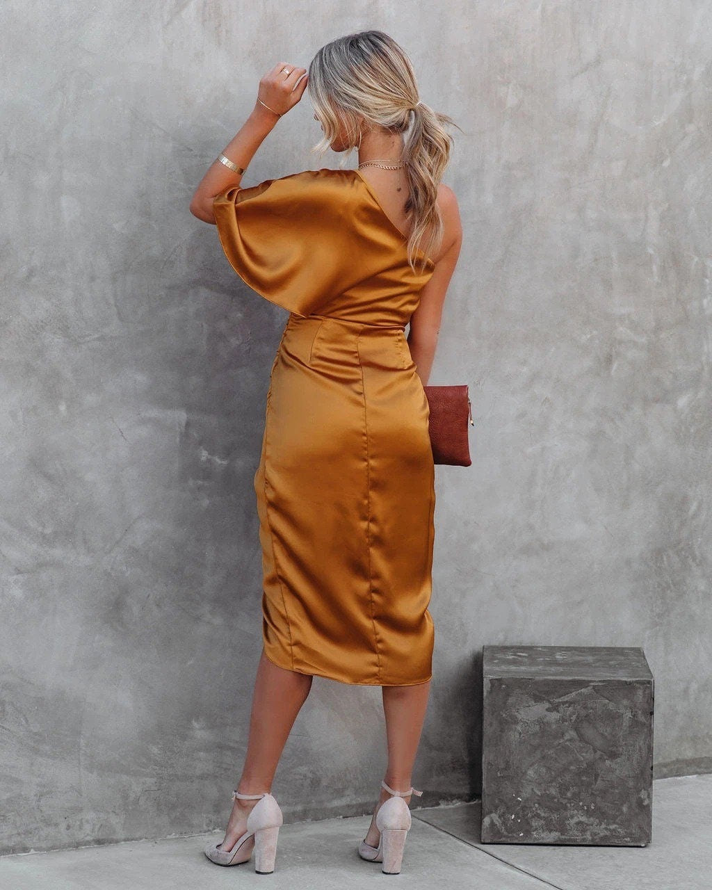 One-Shoulder Satin Midi Dress | Elegant & Chic | Party Ready